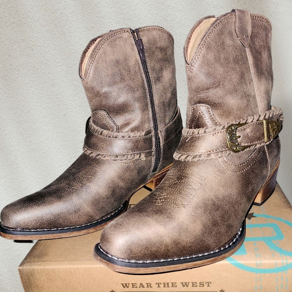 Roper Nelly Cowboy Boot Brown Country Vintage Shorty Snip - Picture 3 of 10